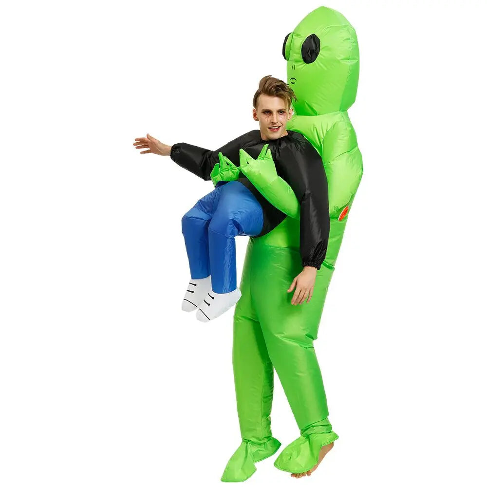 Alien Piggyback Inflatable Costume for Adults and Kids, Green Carrying Illusion Suit with Fan for Halloween, Cosplay and Stage Parties