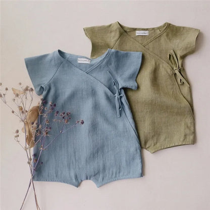 Baby Wrap Romper in Linen Cotton with Short Sleeves and Side Ties, V-Neck Summer One-Piece Outfit for Boys and Girls in Four Color Options