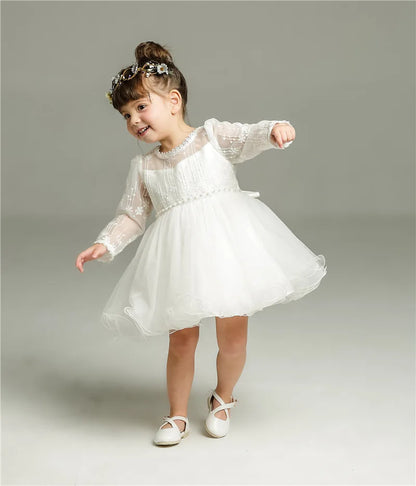 Baby Baptism Gown for Girls with Long Sleeves, Lace Details and Cotton Lining, Dress and Cap Set for Christening and First Birthday Photos