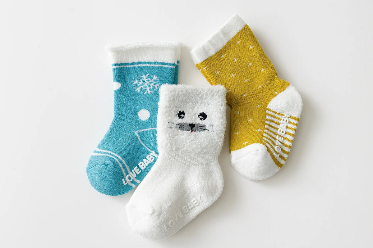 Baby Terry Cotton Socks 3-Pair Set, Thick Non-Slip Socks for Newborns, Infants and Toddlers Ages 0-5 Years for Cozy Fall and Winter Wear