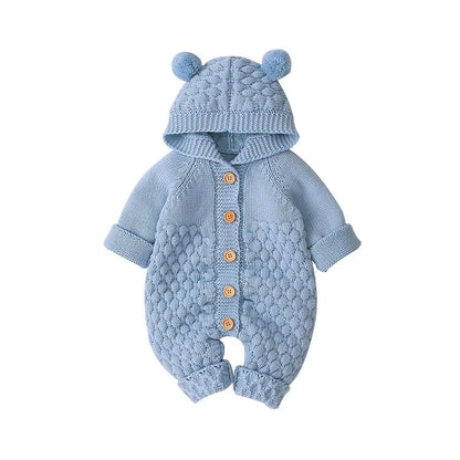 Baby Bobble Knit Hooded Jumpsuit with Round Ear Details, Cotton Blend Button-Front Sweater Romper in Beige, Pink, Blue or Gray