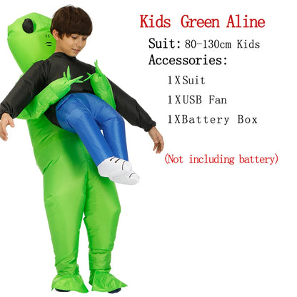 Alien Piggyback Inflatable Costume for Adults and Kids, Green Carrying Illusion Suit with Fan for Halloween, Cosplay and Stage Parties