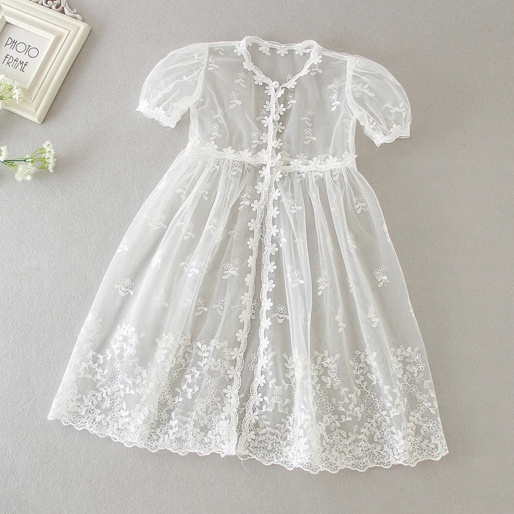 Baby Baptism Gown for Girls with Long Sleeves, Lace Details and Cotton Lining, Dress and Cap Set for Christening and First Birthday Photos