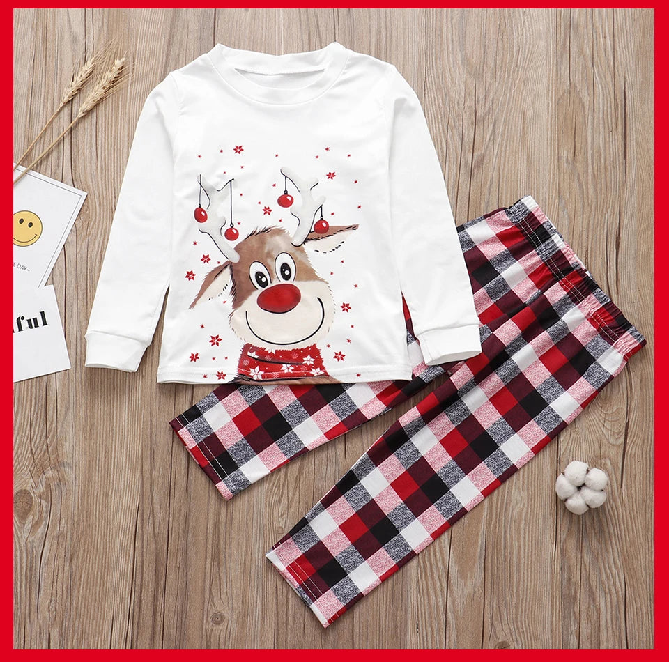 Red-Nose Reindeer Family Christmas Pajamas with White Long Sleeve Tops and Red Black Plaid Pants, Matching Mom Dad Kids Sets and Baby Jumpsuit Options