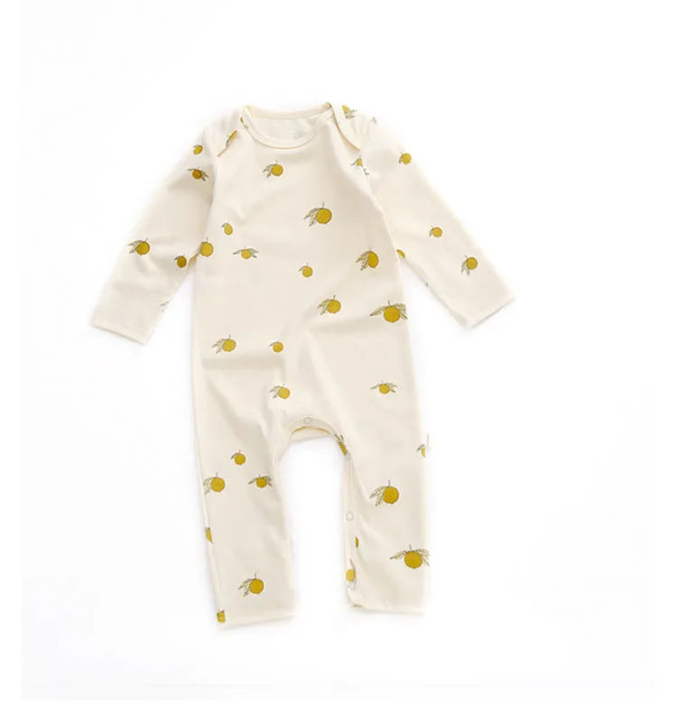 Printed Cotton Baby Romper with Long Sleeves and Footless Legs, Floral and Fruit Pattern One-Piece Outfit for Boys and Girls, Separate Hat Options