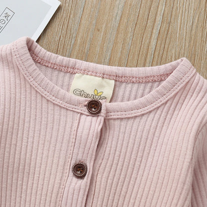 Ribbed Baby Romper with Button Neckline and Inner-Leg Snaps, Long Sleeve Cotton Knit One-Piece Outfit for Boys and Girls in 3M-18M Sizes