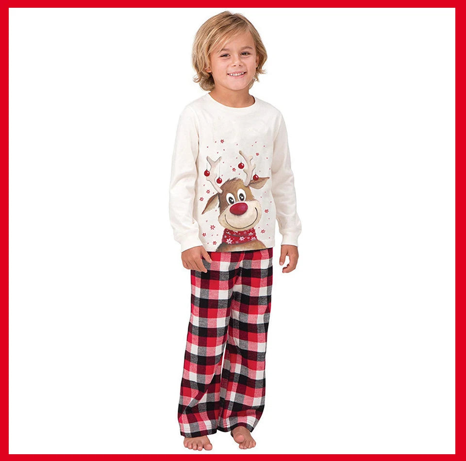 Red-Nose Reindeer Family Christmas Pajamas with White Long Sleeve Tops and Red Black Plaid Pants, Matching Mom Dad Kids Sets and Baby Jumpsuit Options