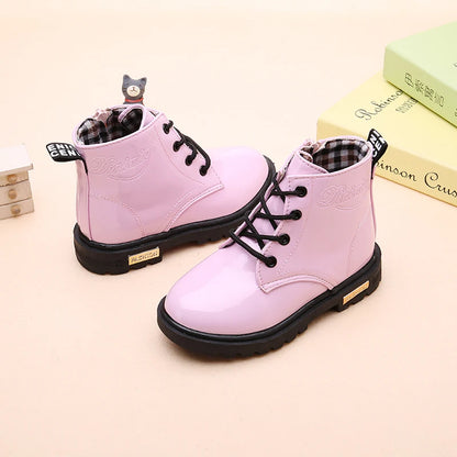 Lace-Up Kids Ankle Boots in PU Leather, Side-Zip Casual Shoes for Boys and Girls with Plush-Lined Options, Five Colors and Sizes 21-36