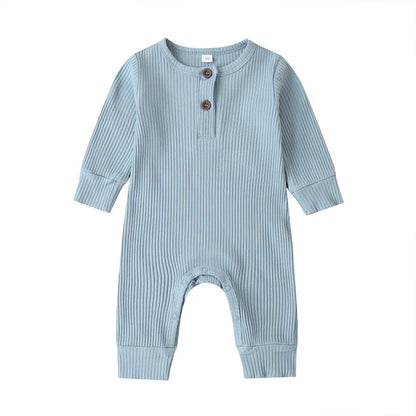 Ribbed Baby Romper with Button Neckline and Inner-Leg Snaps, Long Sleeve Cotton Knit One-Piece Outfit for Boys and Girls in 3M-18M Sizes