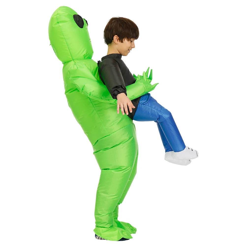 Alien Piggyback Inflatable Costume for Adults and Kids, Green Carrying Illusion Suit with Fan for Halloween, Cosplay and Stage Parties