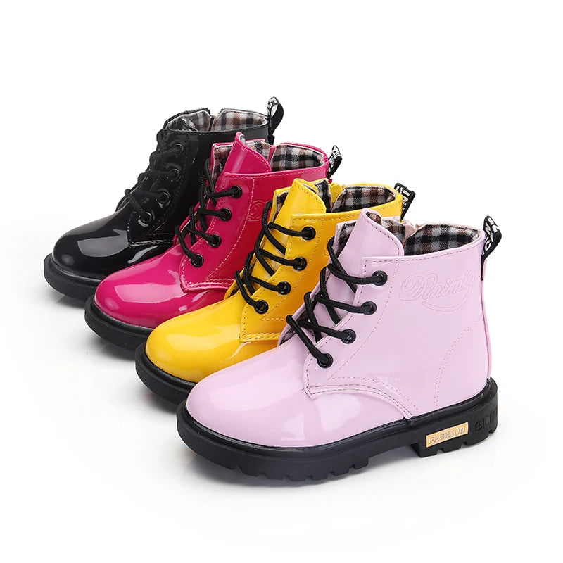 Lace-Up Kids Ankle Boots in PU Leather, Side-Zip Casual Shoes for Boys and Girls with Plush-Lined Options, Five Colors and Sizes 21-36