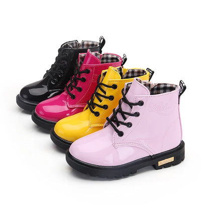 Lace-Up Kids Ankle Boots in PU Leather, Side-Zip Casual Shoes for Boys and Girls with Plush-Lined Options, Five Colors and Sizes 21-36