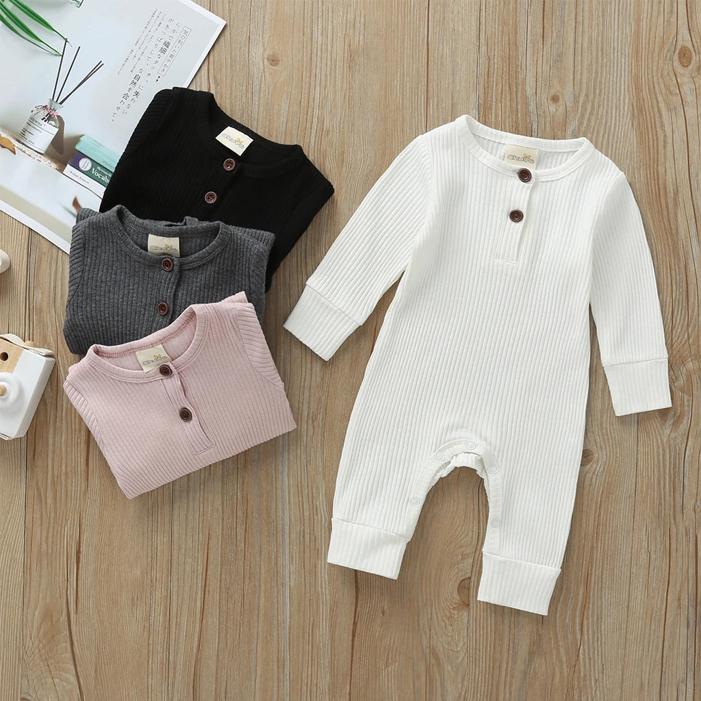 Ribbed Baby Romper with Button Neckline and Inner-Leg Snaps, Long Sleeve Cotton Knit One-Piece Outfit for Boys and Girls in 3M-18M Sizes