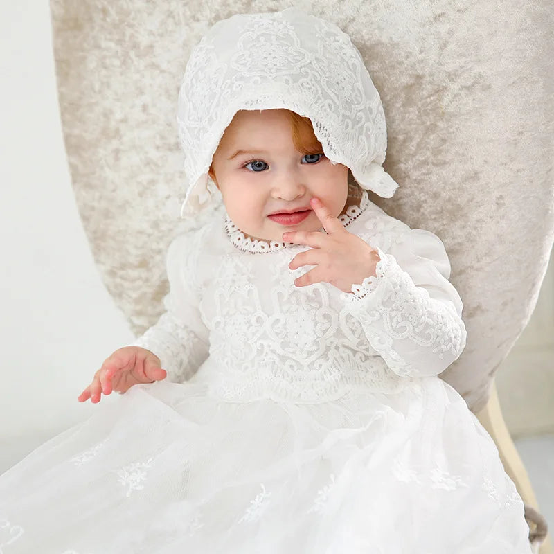 Baby Baptism Gown for Girls with Long Sleeves, Lace Details and Cotton Lining, Dress and Cap Set for Christening and First Birthday Photos