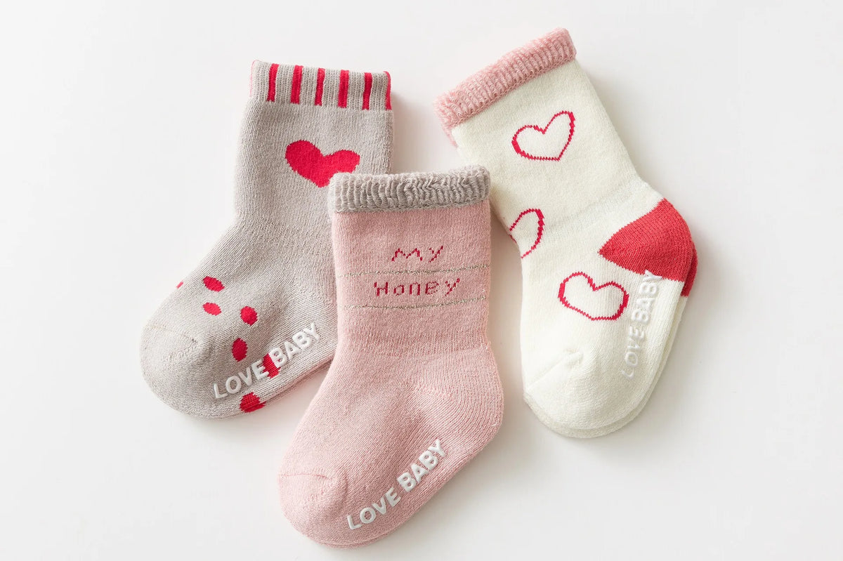 Baby Terry Cotton Socks 3-Pair Set, Thick Non-Slip Socks for Newborns, Infants and Toddlers Ages 0-5 Years for Cozy Fall and Winter Wear