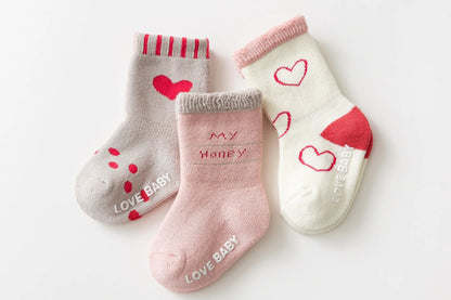 Baby Terry Cotton Socks 3-Pair Set, Thick Non-Slip Socks for Newborns, Infants and Toddlers Ages 0-5 Years for Cozy Fall and Winter Wear