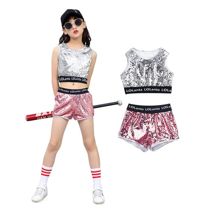 Girls Sequin Hip Hop Dance Costume Set with Metallic Trim Jacket, Crop Top, Shorts and Striped Socks for Jazz Recitals and Stage Performances