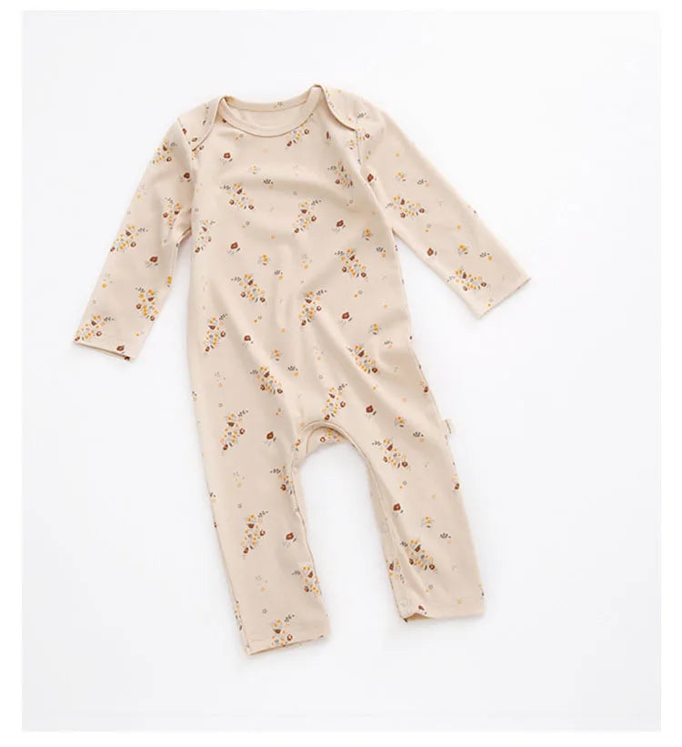 Printed Cotton Baby Romper with Long Sleeves and Footless Legs, Floral and Fruit Pattern One-Piece Outfit for Boys and Girls, Separate Hat Options