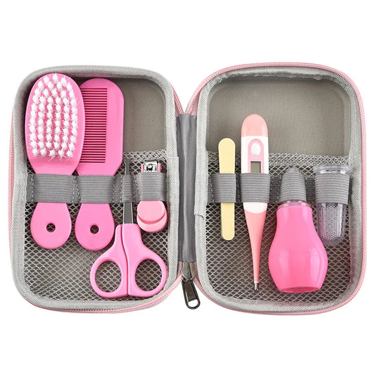 Baby Grooming Essentials in Zippered Case, 8-Piece Care Kit with Manual Nail Clippers, Hair Brush, Comb, Digital Thermometer and Nasal Aspirator
