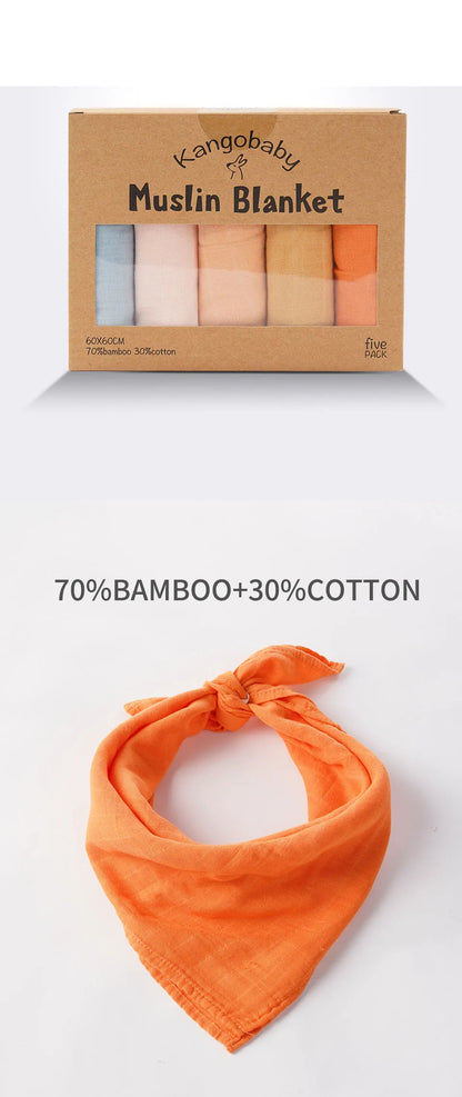 Bamboo Cotton Muslin Blanket Set, 5-Pack 60 x 60 cm Baby Cloths for Burping, Everyday Feeding Cleanup and Baby Shower Gifts by Kangobaby