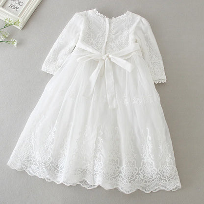Baby Baptism Gown for Girls with Long Sleeves, Lace Details and Cotton Lining, Dress and Cap Set for Christening and First Birthday Photos