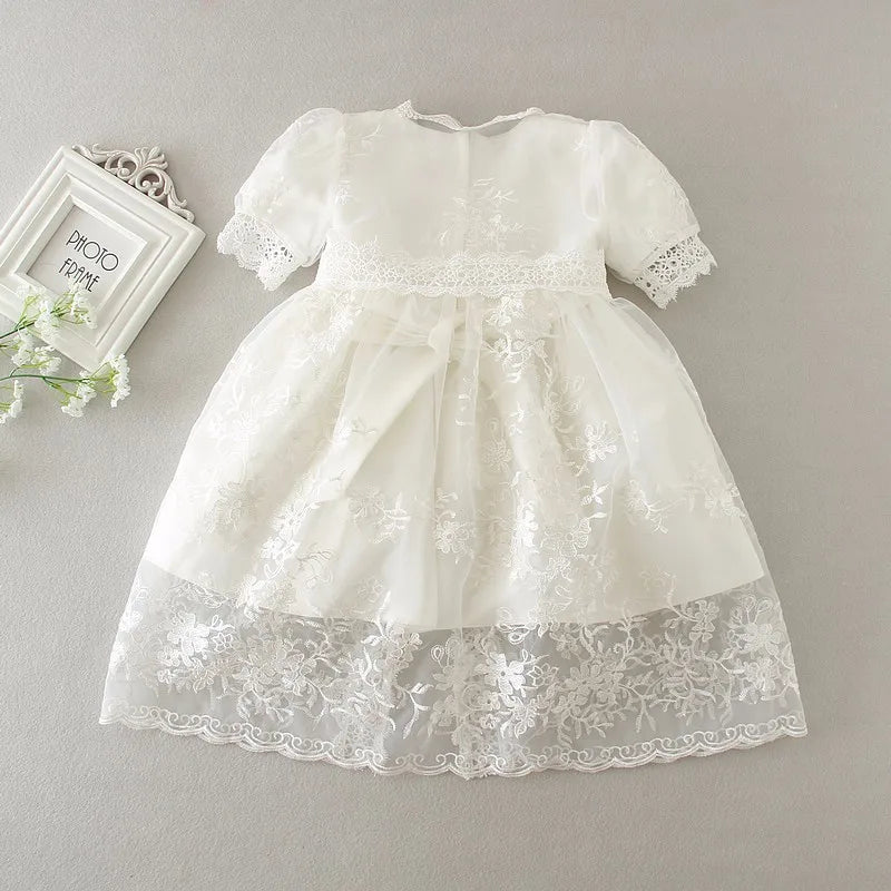 Baby Baptism Gown for Girls with Long Sleeves, Lace Details and Cotton Lining, Dress and Cap Set for Christening and First Birthday Photos
