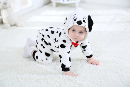 Baby Dalmatian Costume with Puppy Hood, Flannel Animal Jumpsuit for Infants and Toddlers, Halloween Dress-Up and Photo Outfits