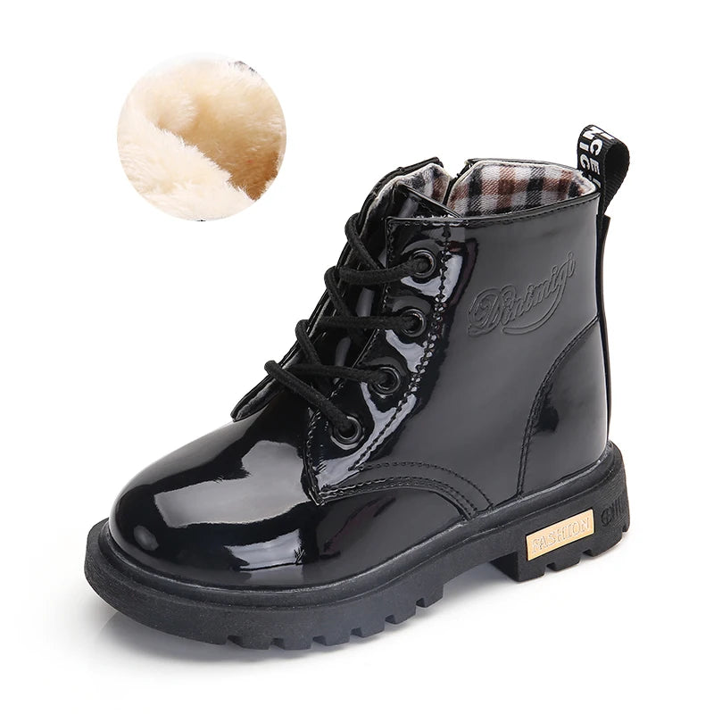 Lace-Up Kids Ankle Boots in PU Leather, Side-Zip Casual Shoes for Boys and Girls with Plush-Lined Options, Five Colors and Sizes 21-36