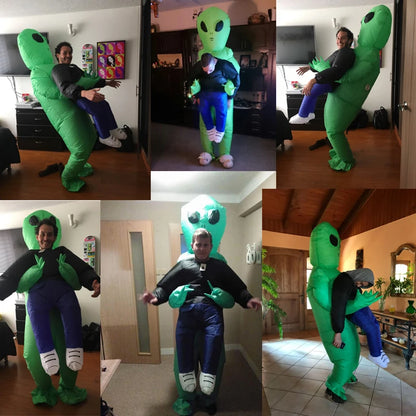 Alien Piggyback Inflatable Costume for Adults and Kids, Green Carrying Illusion Suit with Fan for Halloween, Cosplay and Stage Parties