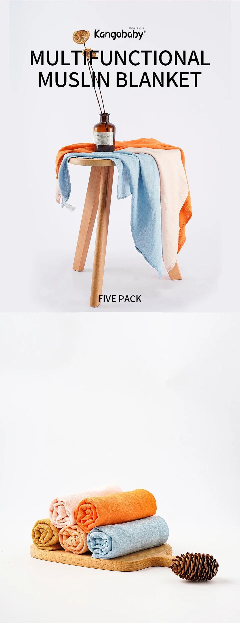 Bamboo Cotton Muslin Blanket Set, 5-Pack 60 x 60 cm Baby Cloths for Burping, Everyday Feeding Cleanup and Baby Shower Gifts by Kangobaby
