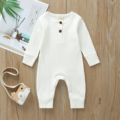 Ribbed Baby Romper with Button Neckline and Inner-Leg Snaps, Long Sleeve Cotton Knit One-Piece Outfit for Boys and Girls in 3M-18M Sizes