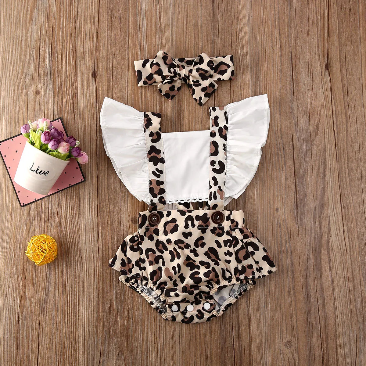 Leopard Print Baby Girl Romper and Headband Set with White Ruffle Details, Suspender Styling and Snap Crotch, Summer Outfit in 0-24 Months