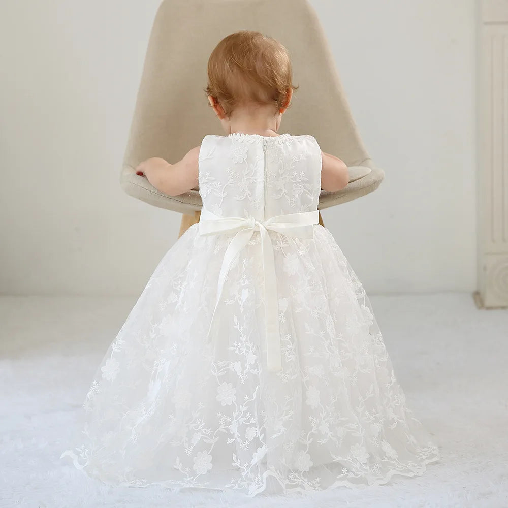 Baby Baptism Gown for Girls with Long Sleeves, Lace Details and Cotton Lining, Dress and Cap Set for Christening and First Birthday Photos