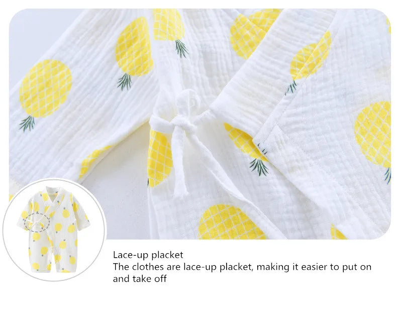 Muslin Cotton Baby Kimono Romper with Side Ties and Leg Snaps, Long Sleeve Printed Footless Jumpsuit for Boys and Girls, 0-24 Months