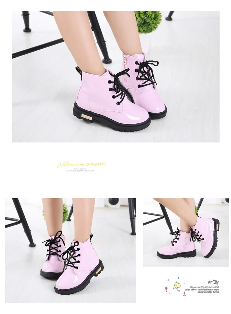 Lace-Up Kids Ankle Boots in PU Leather, Side-Zip Casual Shoes for Boys and Girls with Plush-Lined Options, Five Colors and Sizes 21-36
