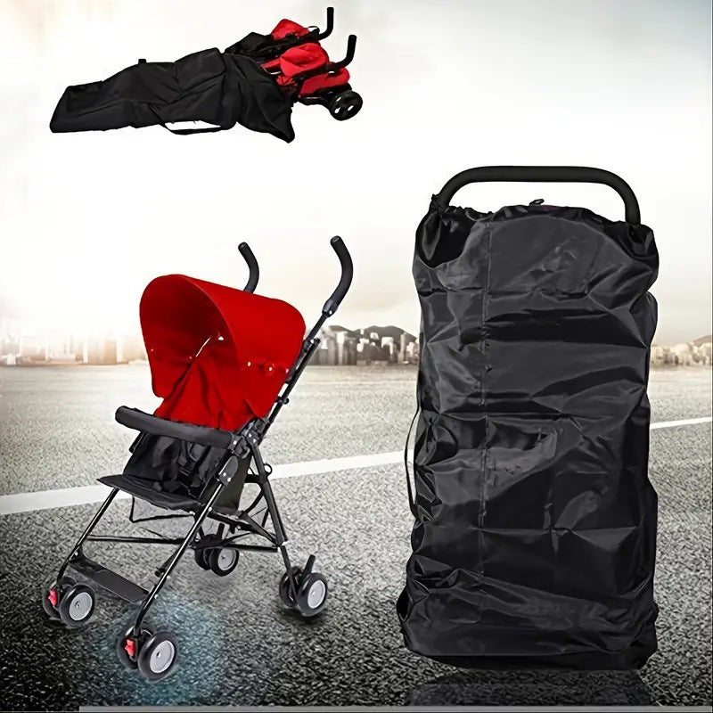 Stroller Gate Check Bag in Black Oxford Cloth with Drawstring Closure and Carry Handles, Foldable Travel Storage Cover for Compact Strollers