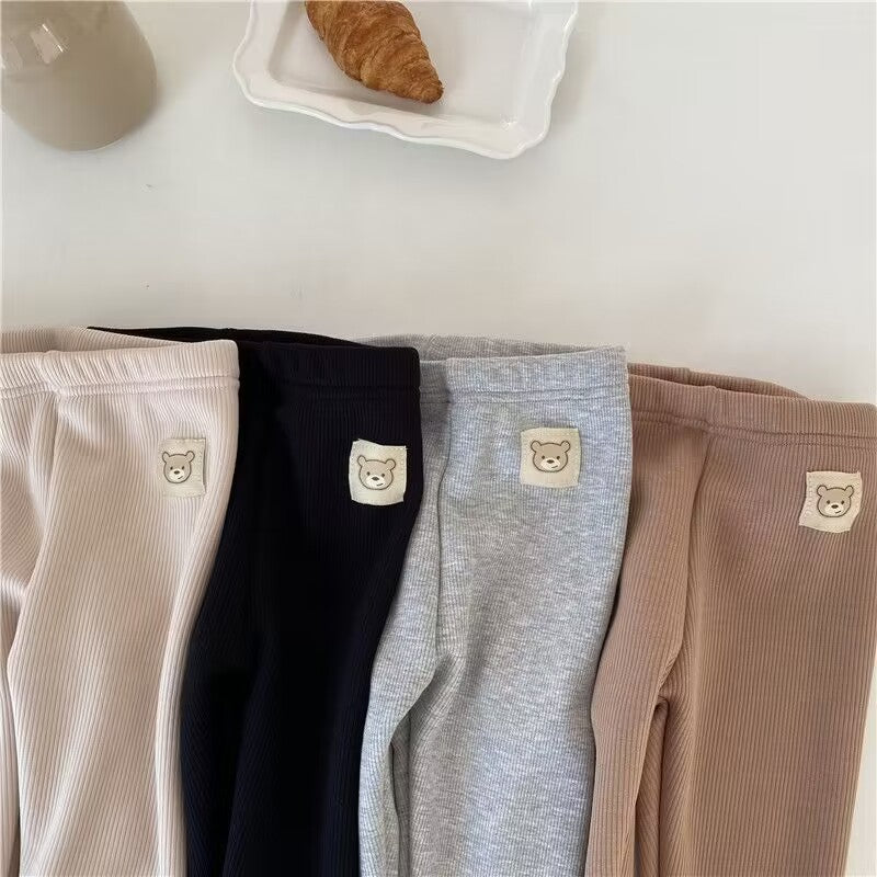 Ribbed Toddler Fleece Lined Pants with Bear Patch, Elastic Waist Pull-On Winter Trousers for Boys and Girls, Listed Sizes 12M to 6T
