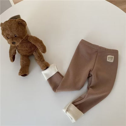 Ribbed Toddler Fleece Lined Pants with Bear Patch, Elastic Waist Pull-On Winter Trousers for Boys and Girls, Listed Sizes 12M to 6T