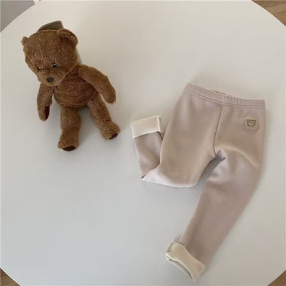 Ribbed Toddler Fleece Lined Pants with Bear Patch, Elastic Waist Pull-On Winter Trousers for Boys and Girls, Listed Sizes 12M to 6T