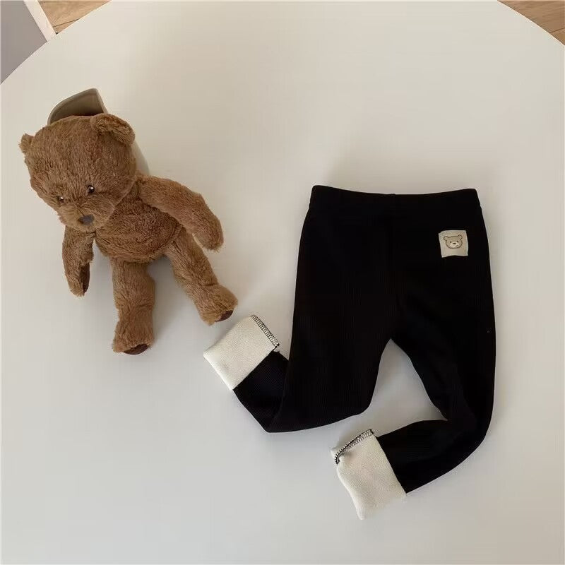 Ribbed Toddler Fleece Lined Pants with Bear Patch, Elastic Waist Pull-On Winter Trousers for Boys and Girls, Listed Sizes 12M to 6T