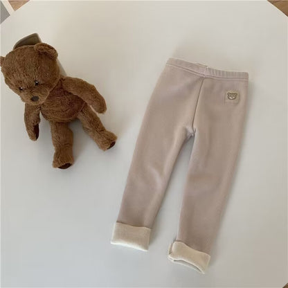 Ribbed Toddler Fleece Lined Pants with Bear Patch, Elastic Waist Pull-On Winter Trousers for Boys and Girls, Listed Sizes 12M to 6T