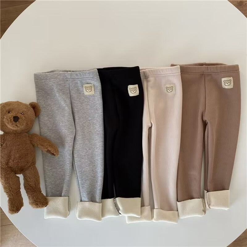 Ribbed Toddler Fleece Lined Pants with Bear Patch, Elastic Waist Pull-On Winter Trousers for Boys and Girls, Listed Sizes 12M to 6T