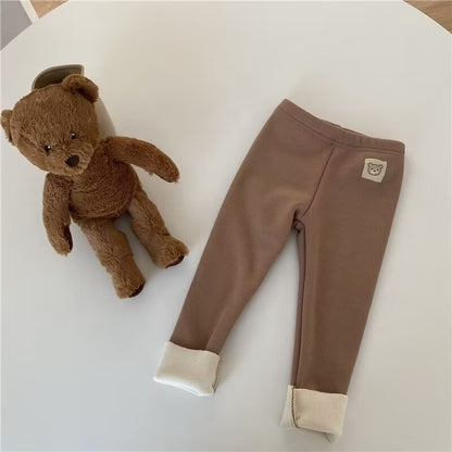 Ribbed Toddler Fleece Lined Pants with Bear Patch, Elastic Waist Pull-On Winter Trousers for Boys and Girls, Listed Sizes 12M to 6T