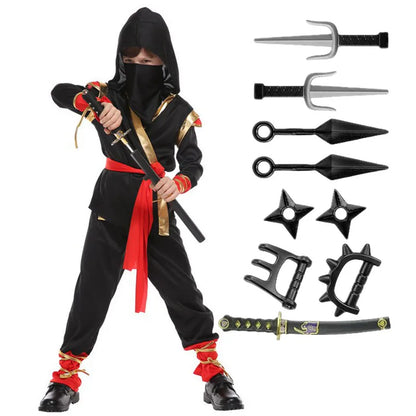 Samurai Ninja Costume for Kids with Hooded Warrior Styling and Toy Accessory Options for Halloween Parties, Cosplay and School Performances