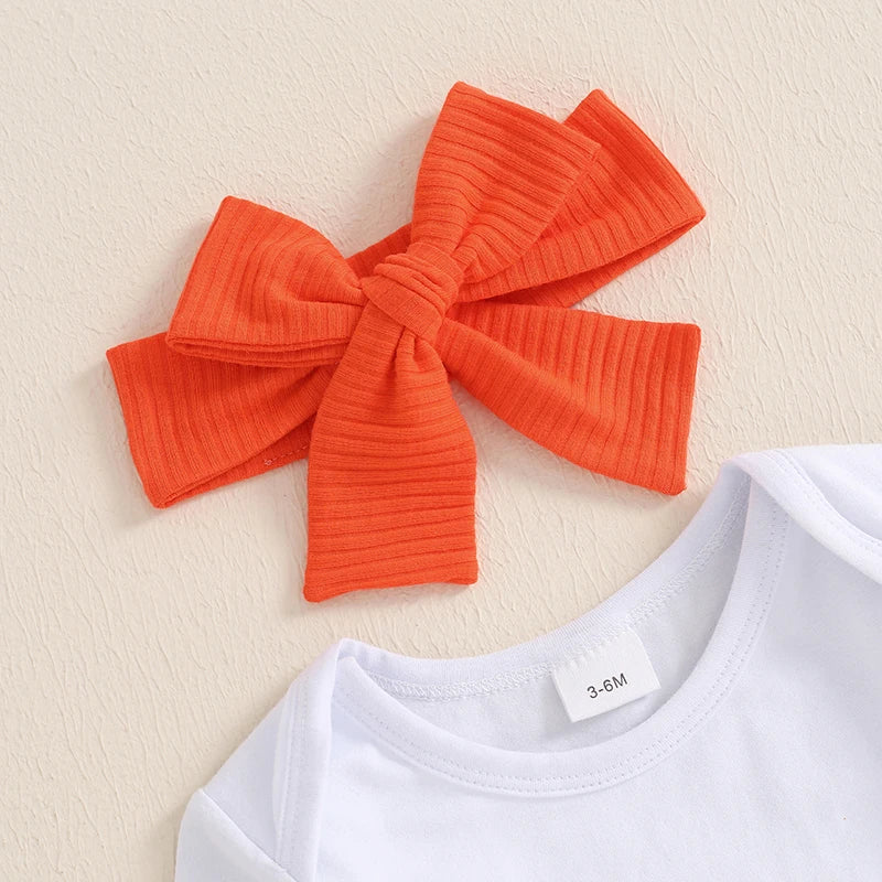 Baby Girl Pumpkin Outfit with Long Sleeve Bodysuit, Orange Ribbed Bell Bottom Pants and Bow Headband, Three-Piece Halloween Set for 0-18 Months