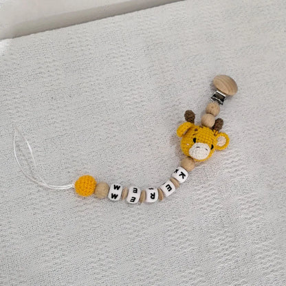 Custom Name Pacifier Clip with Crochet Animal Detail, Beech Wood Holder and Letter Beads, Personalized Baby Shower Gift for Everyday Outings