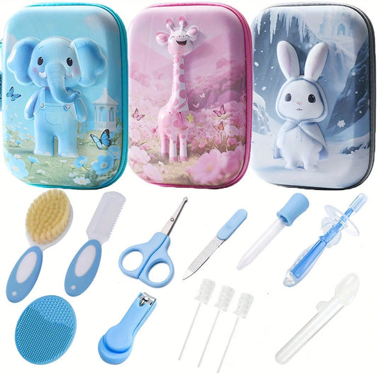 Baby Grooming Kit with Cartoon Animal Travel Case, 12-Piece Care Set with Nail Clippers, Hair Brush, Comb and Organizer in Blue, Grey or Pink