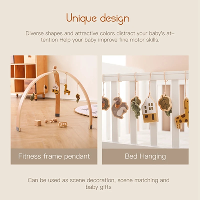Baby Gym Hanging Toys in Wood and Cotton with Animal, Star and Moon Pendant Designs, Individual or Set Options for Supervised Play