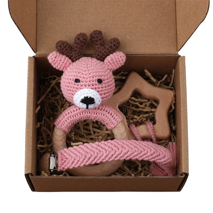 Crochet Animal Rattle Set with Wooden Ring and Coordinating Accessories, Rabbit, Deer and More Designs for Supervised Play and Baby Shower Gifts