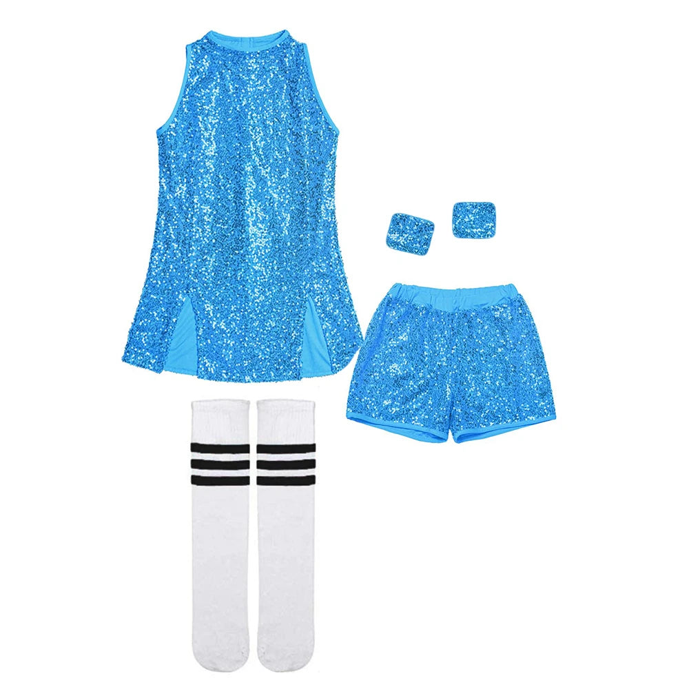 Girls Sequin Jazz Dance Costume with Sleeveless A-Line Dress, Shorts, Socks and Wristbands, Sparkly Hip Hop Stage Outfit for Ages 4-12